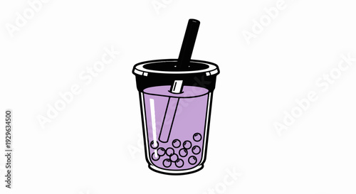 A stylized illustration of a purple bubble tea drink in a clear plastic cup with a straw