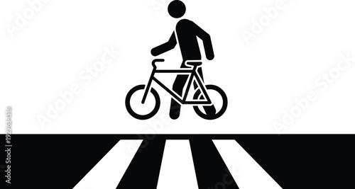 Cyclist crossing pedestrian zebra crossing silhouette icon representing road safety, urban transportation, bicycle commuting and traffic awareness isolated on white background