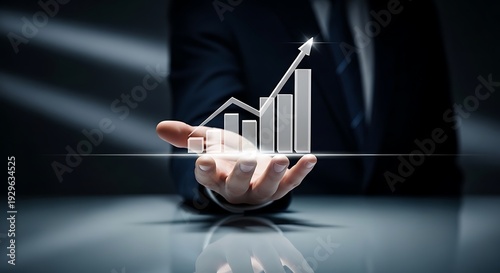 Businessman holding rising graph with arrow.