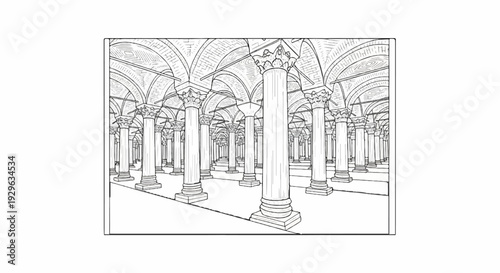 Line drawing of a vast, ancient underground chamber with numerous ornate columns supporting arched ceilings