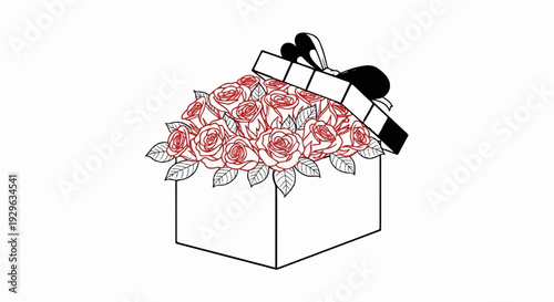 A partially open gift box brimming with red roses and lush green leaves, tied with a ribbon