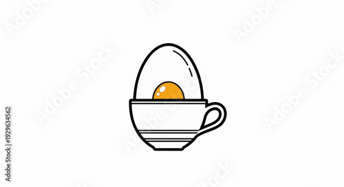 A stylized boiled egg with a golden yolk sits atop a striped teacup
