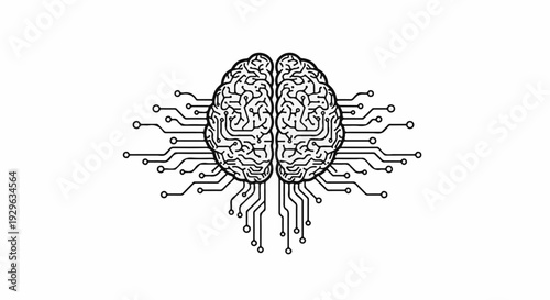 Stylized black and white graphic of a human brain connected to digital circuits