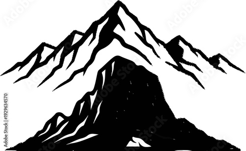 Dramatic black and white mountain peaks with sharp, jagged edges create a bold graphic