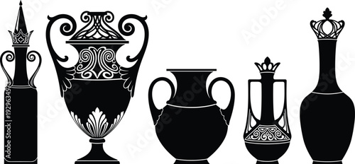 Black silhouette vector illustrations of ornate vases and amphorae with decorative patterns, symbolizing classical art, pottery, and cultural design for creative and historical projects.