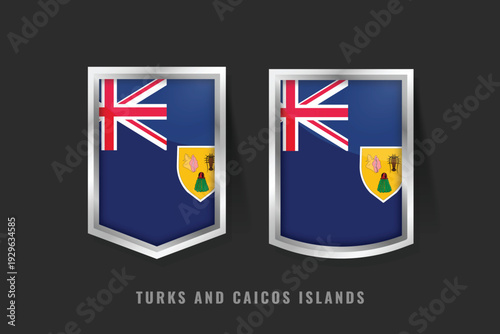 Vector illustration of Turks and Caicos Islands flag on 3D metallic shields. Blue ensign with conch, lobster, and cactus emblem. Symbol of British Overseas Territory pride and identity