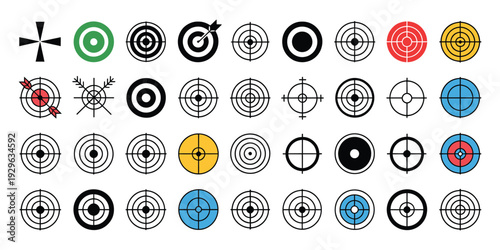 Target Flat Icons Collection, Variety of Colored Targets, Aim and Sniper Shoot Icons, Take Aim Symbols Set for Web Design, Mobile Apps, Infographics, and Vector Graphics.