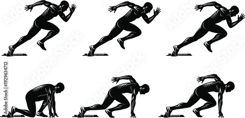 Black-and-white vector silhouette illustration of male sprinter in six stages of race start, showing crouch, push-off, and acceleration with dynamic athletic movement