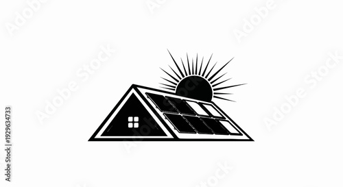 Stylized house roof with solar panels and radiating sun in black and white