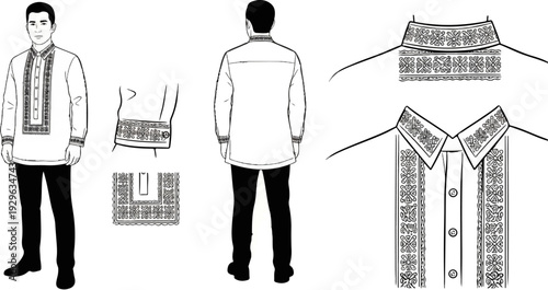Black and white illustration of a man wearing a traditionally embroidered shirt with details