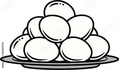 A stack of white eggs piled high on a plate, drawn in a simple cartoon style
