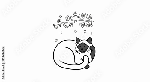 A black and white illustration of a cat resting under a branch of blooming flowers
