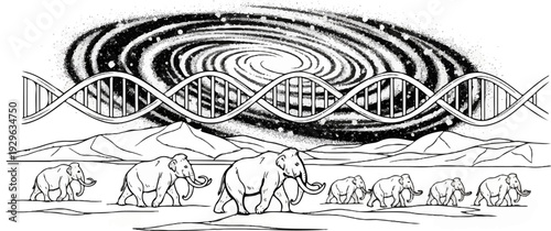 Mammoths walk under a galaxy and DNA helix in a landscape