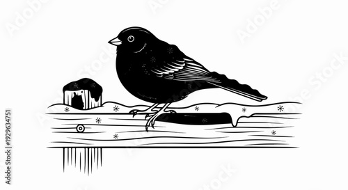 Black bird perched on a snowy wooden fence post with icicles