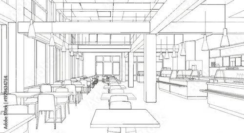 Interior view of a clean, empty, modern cafe with tables, chairs, and serving counters