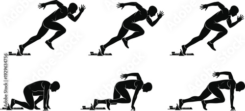 Black silhouette vector illustrations of sprinter starting from crouch to full sprint, symbolizing athletics, speed, and performance training for sports and fitness projects.