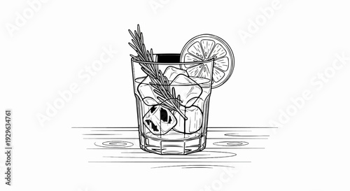 A crisp drink with ice, a lemon slice, and rosemary sprig sits on a wooden surface