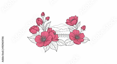 Pink blossoms frame a serene rural landscape with a fence and rolling hills