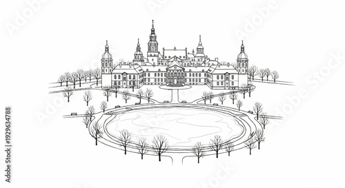 Ornate sketch of a grand building with domed towers and a large pond