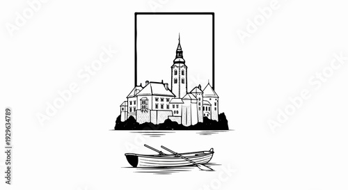 Ornate castle structure rising from rocky terrain, viewed from a tranquil lake with a rowing boat