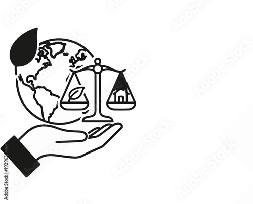 Hand holds globe with scale balancing nature and dwelling