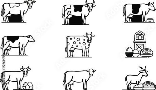 A collection of stylized line art icons depicting cows, eggs, and farm-related products