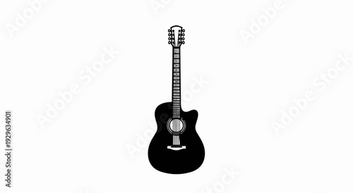 A black acoustic guitar with a cutaway body and six tuning pegs