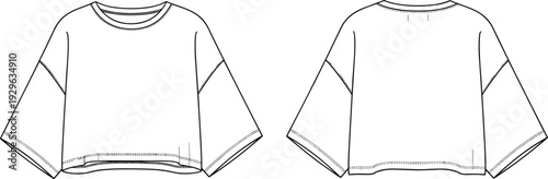 Black-and-white vector technical flat sketch of cropped short-sleeve women’s top with round neckline, wide sleeves, seam details, curved hemline, and garment construction illustration