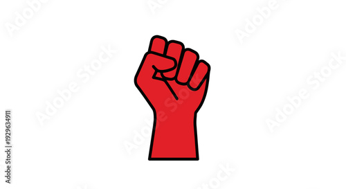 Red cartoon fist with clenched hand and black outline raised upwards on a white background.