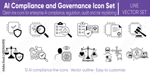 AI compliance and regulation line icon set for enterprise dashboards