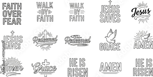 Collection of Christian-themed text and symbols, including doves and crosses