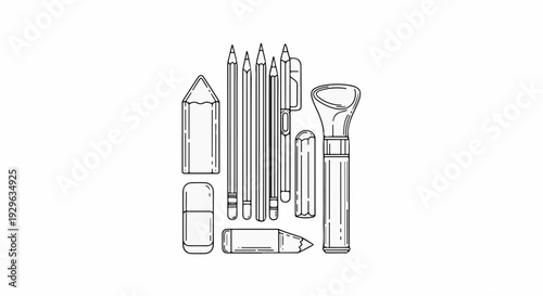 Collection of stationery including pencils, pens, and erasers arranged neatly