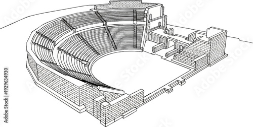 Architectural illustration of an ancient outdoor amphitheater with tiered seating