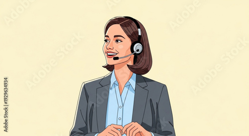 Businesswoman wearing headset smiling in professional attire standing alone