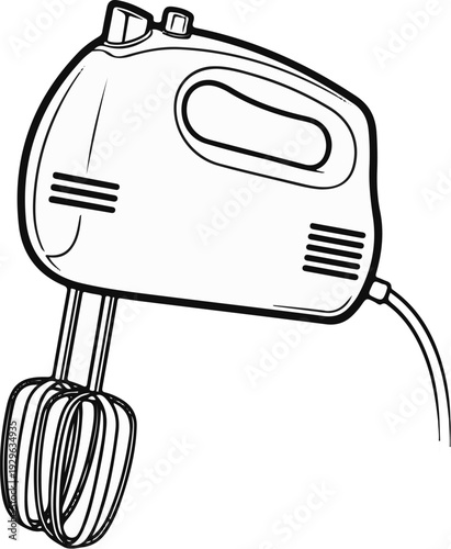 Black and white illustration of a hand mixer with wire beaters and cord