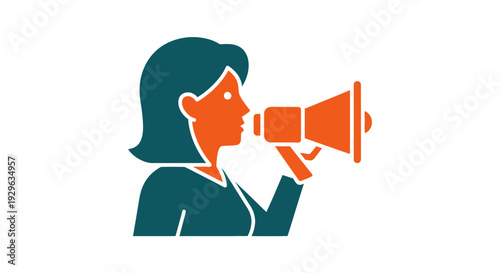 A woman with dark hair holds a megaphone to her mouth in a simple graphic illustration with bold lines and solid colors.