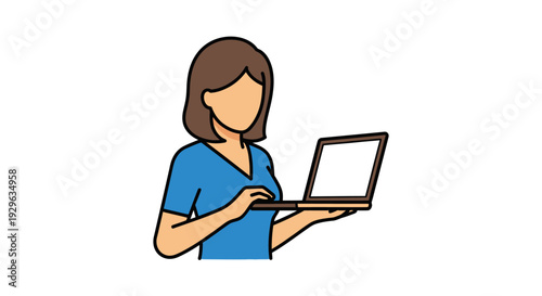 A woman with brown hair wearing a blue shirt using a laptop on a plain white background in a minimalist style.