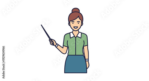 A cheerful young woman in a green shirt and blue skirt holds a pointer stick against a clean white background with a professional and approachable mood.