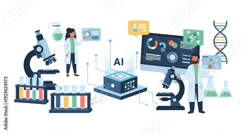 AI in Scientific Research Lab: Scientists Analyzing Data, Biotechnology, and Modern Medical Innovation in a Digitalized Environment