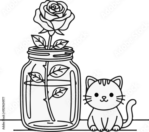 A cute cartoon cat sits beside a glass jar with a single rose inside