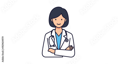 A smiling female doctor with dark hair and a stethoscope standing confidently with arms crossed in a white lab coat against a clean white background.