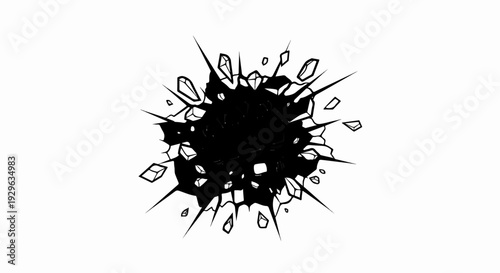 A stylized black explosion radiates sharp fragments and debris outwards on a white background