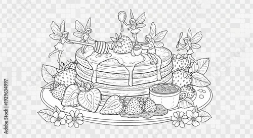 A whimsical pancake stack adorned with strawberries, honey, and playful fairies