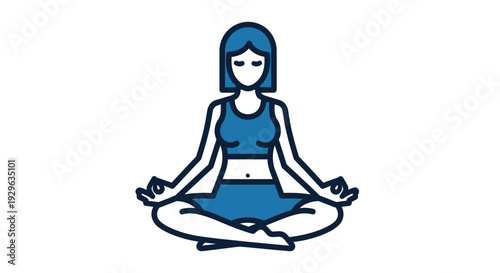 A blue line drawing of a woman meditating in lotus position against a white background with a serene mood.