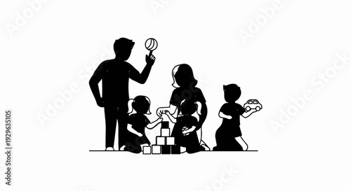 Family playing with toys, building blocks, magnifying glass, and a toy car