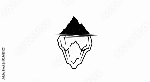 A stark black and white illustration of an iceberg, with most of its mass submerged