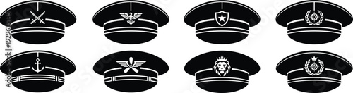 Military officer cap silhouette set, army navy police uniform hat vector illustration isolated black badge insignia collection