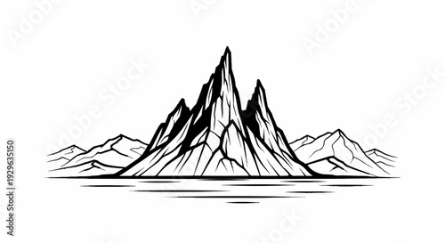 Stark, angular mountain peaks rise dramatically from a tranquil, rippling water surface