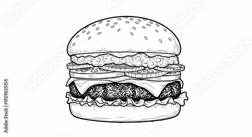 Black and white illustration of a layered hamburger with sesame seeds on the bun