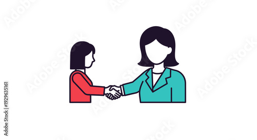 Illustration of two women shaking hands in business attire with a simple line style against a white background.